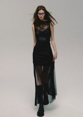 Black Mesh Slim Slit Midi Dress